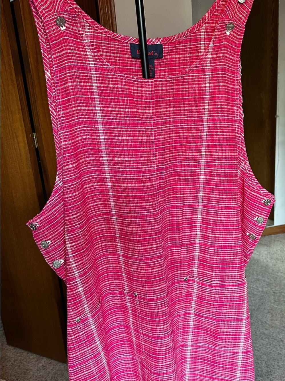 Vintage Denim & Co Pink Plaid Linen Blend Pinafore Jumper Dress Side Snap Sz 2X